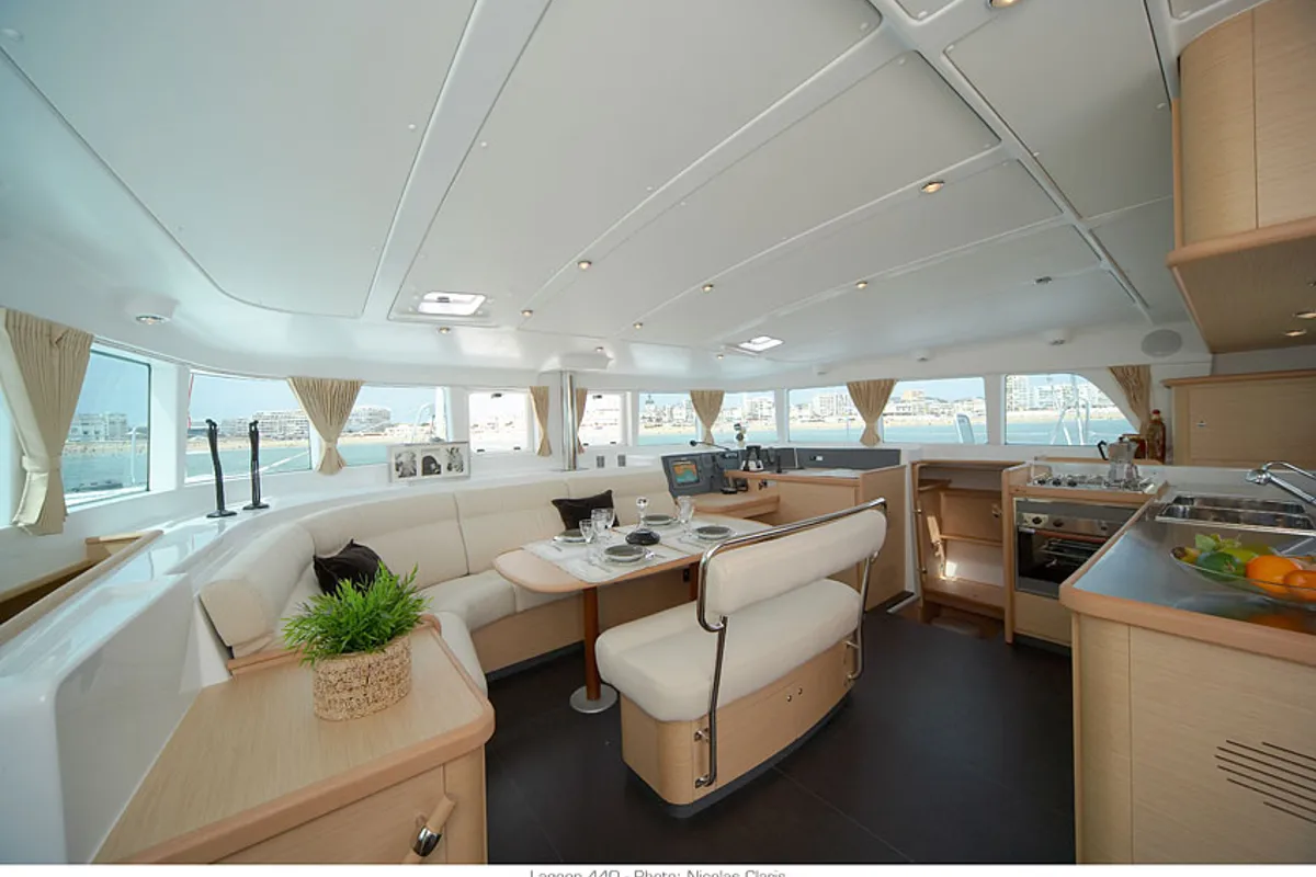 Salon of Strawberry, a Lagoon 440 catamaran at Preveza, Greece