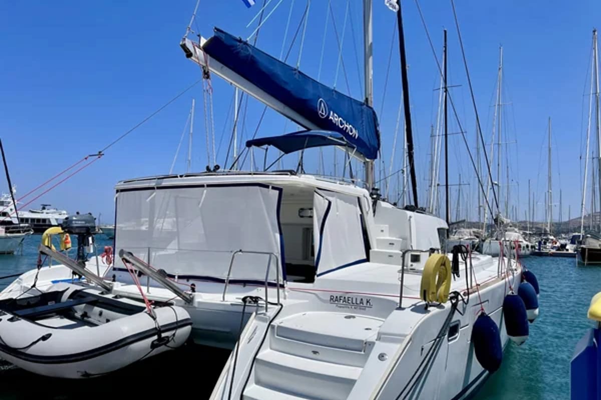 Exterior view of Strawberry, a Lagoon 440 catamaran at Preveza, Greece