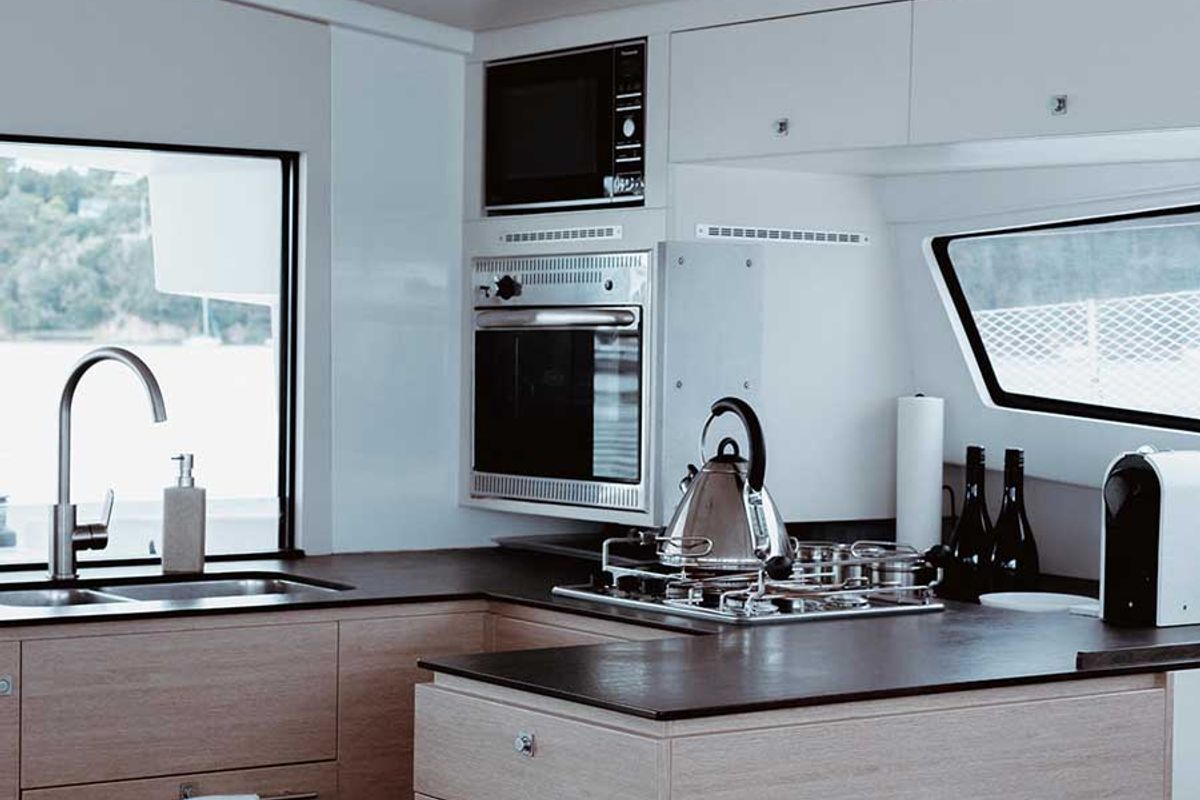 Galley of Serenity, a Bali 4.5 catamaran at Bay of Islands, New Zealand