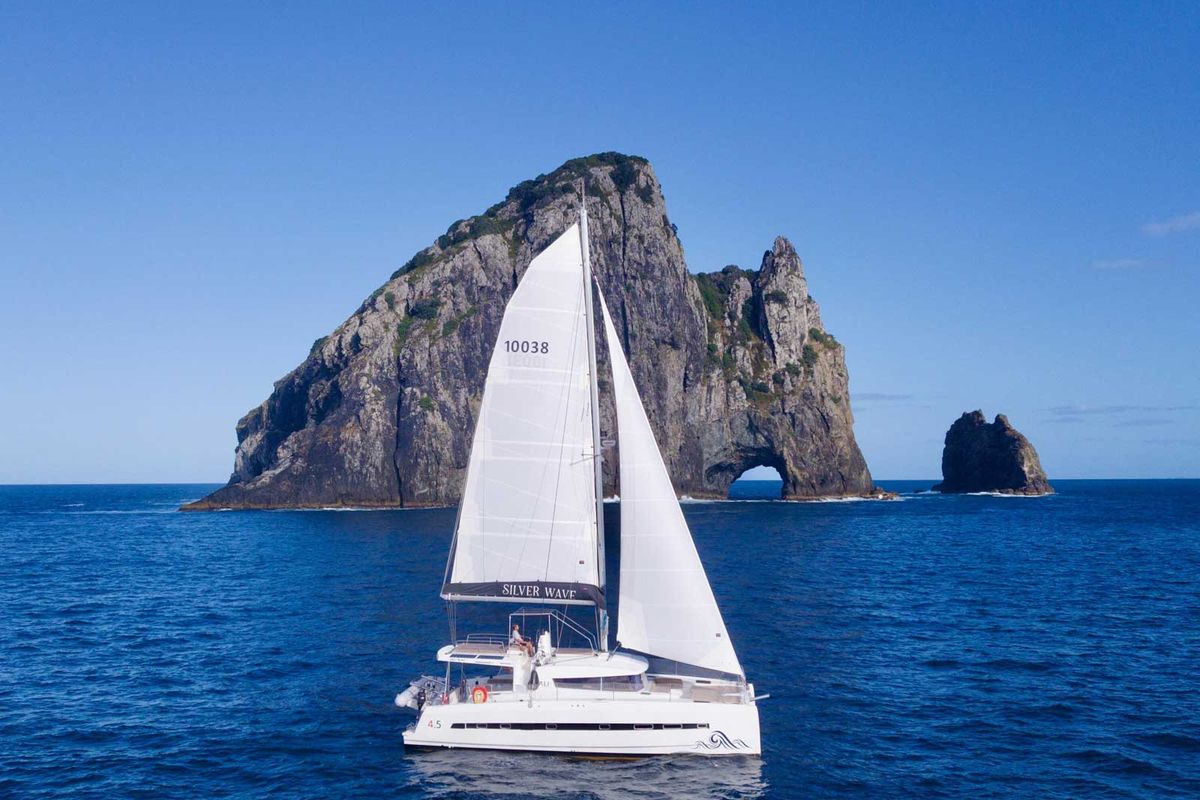 Exterior view of Serenity, a Bali 4.5 catamaran at Bay of Islands, New Zealand