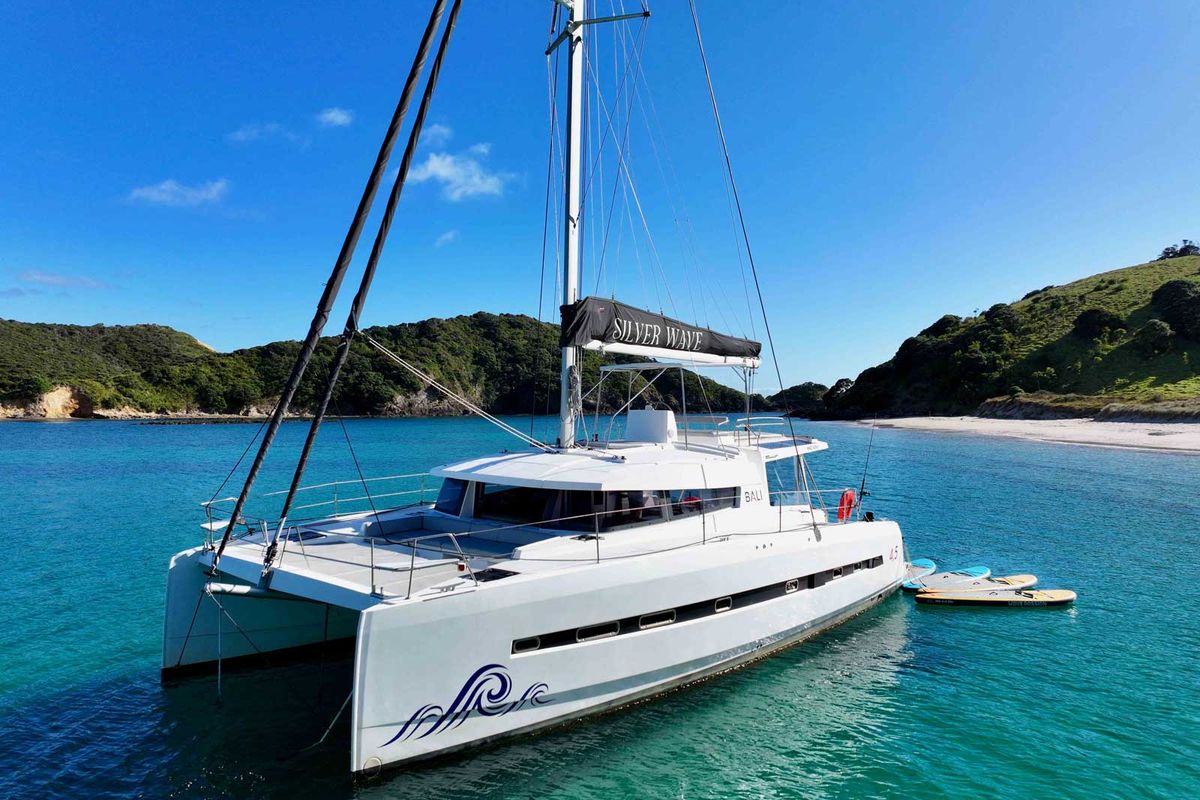 Exterior view of Serenity, a Bali 4.5 catamaran at Bay of Islands, New Zealand