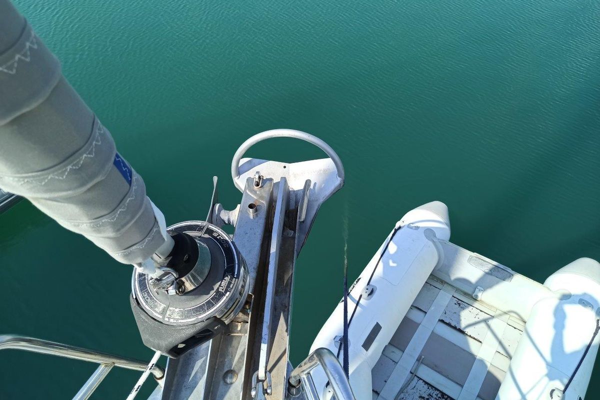 Exterior view of Saffron, a Bavaria 45 Cruiser sailboat at Municipal Unit of Lefkada, Greece