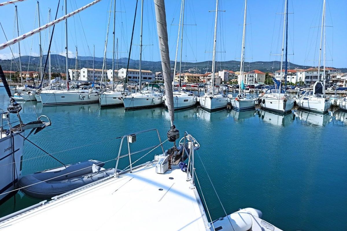 Exterior view of Saffron, a Bavaria 45 Cruiser sailboat at Municipal Unit of Lefkada, Greece