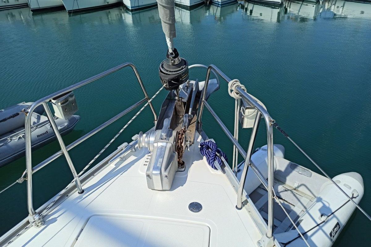 Exterior view of Saffron, a Bavaria 45 Cruiser sailboat at Municipal Unit of Lefkada, Greece