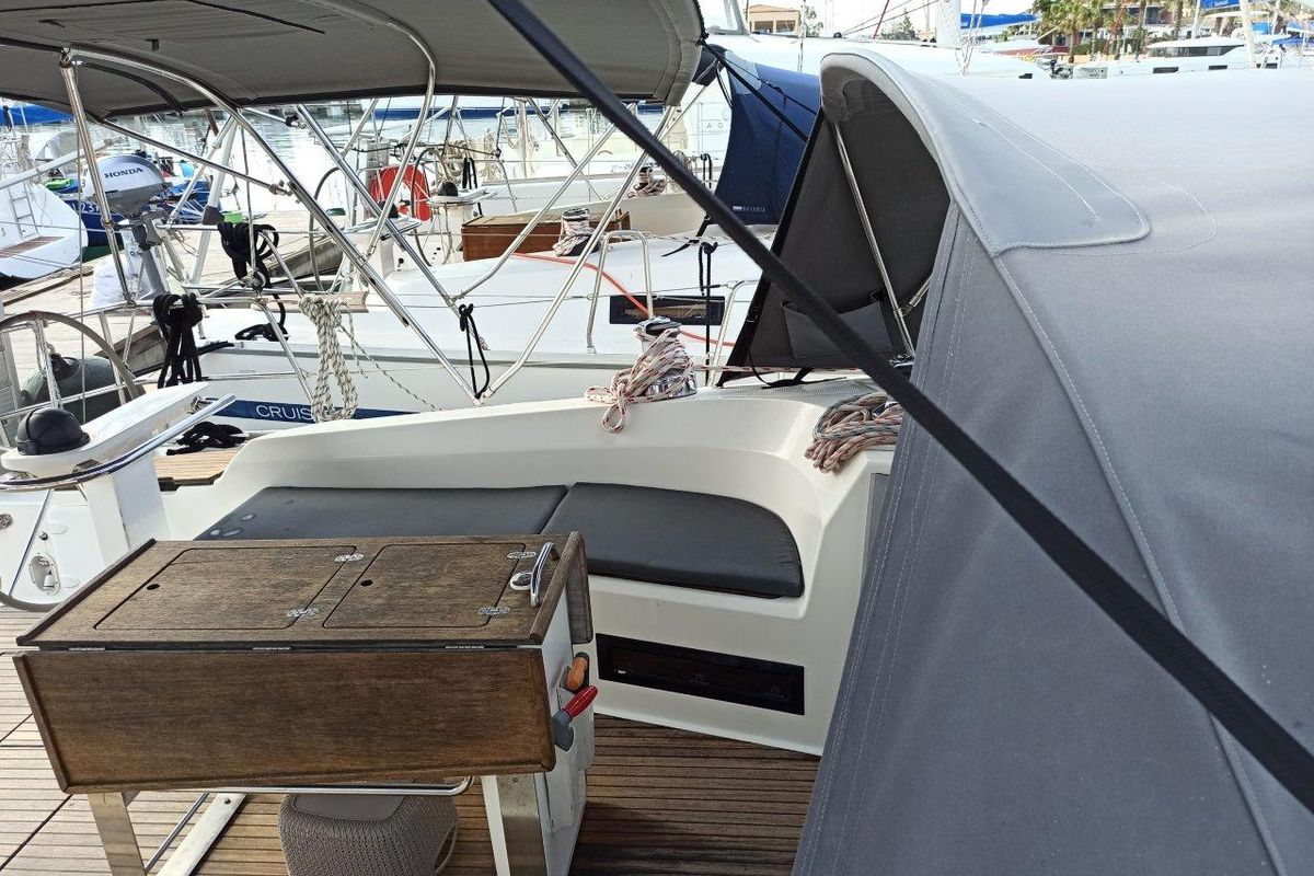 Deck of Saffron, a Bavaria 45 Cruiser sailboat at Municipal Unit of Lefkada, Greece