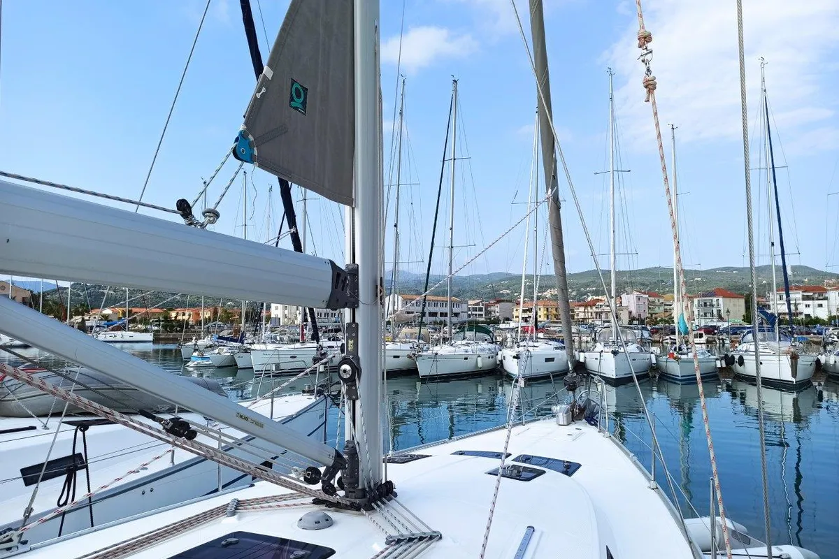 Exterior view of Saffron, a Bavaria 45 Cruiser sailboat at Municipal Unit of Lefkada, Greece