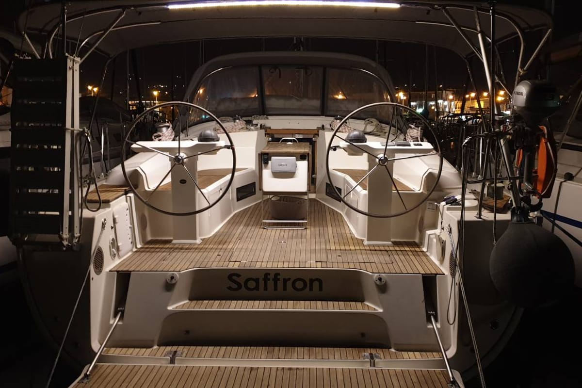 Exterior view of Saffron, a Bavaria 45 Cruiser sailboat at Municipal Unit of Lefkada, Greece