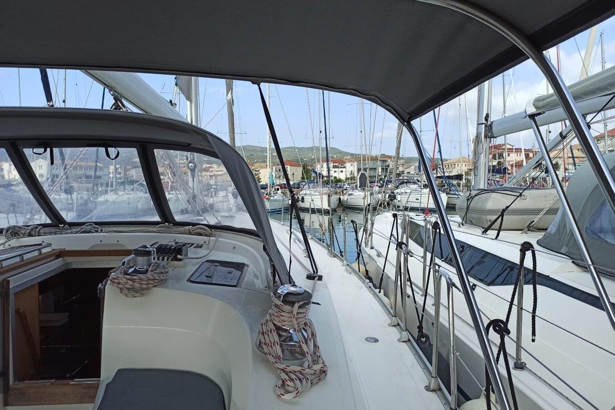 Deck of Saffron, a Bavaria 45 Cruiser sailboat at Municipal Unit of Lefkada, Greece