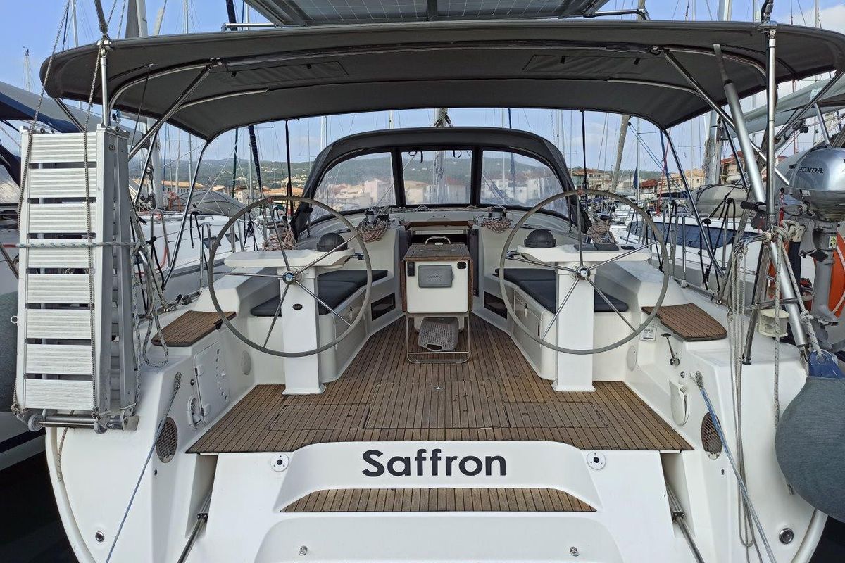 Exterior view of Saffron, a Bavaria 45 Cruiser sailboat at Municipal Unit of Lefkada, Greece