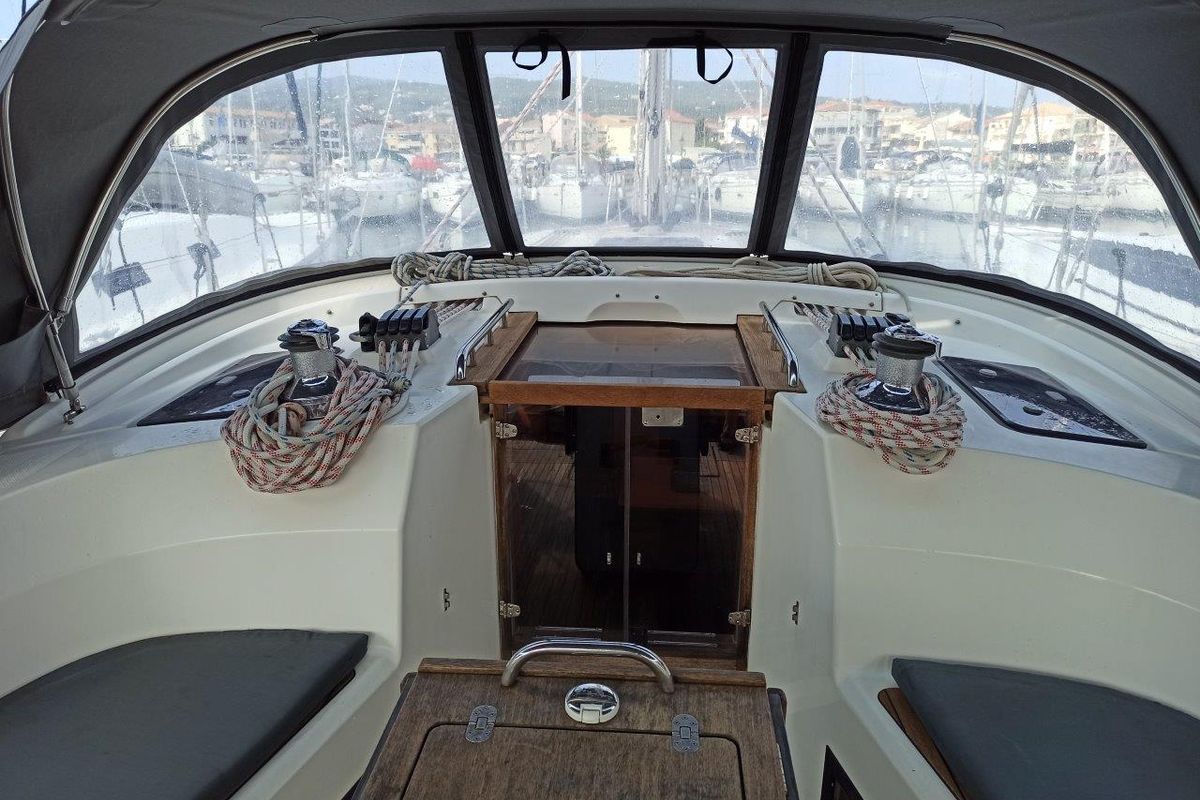 Cockpit of Saffron, a Bavaria 45 Cruiser sailboat at Municipal Unit of Lefkada, Greece
