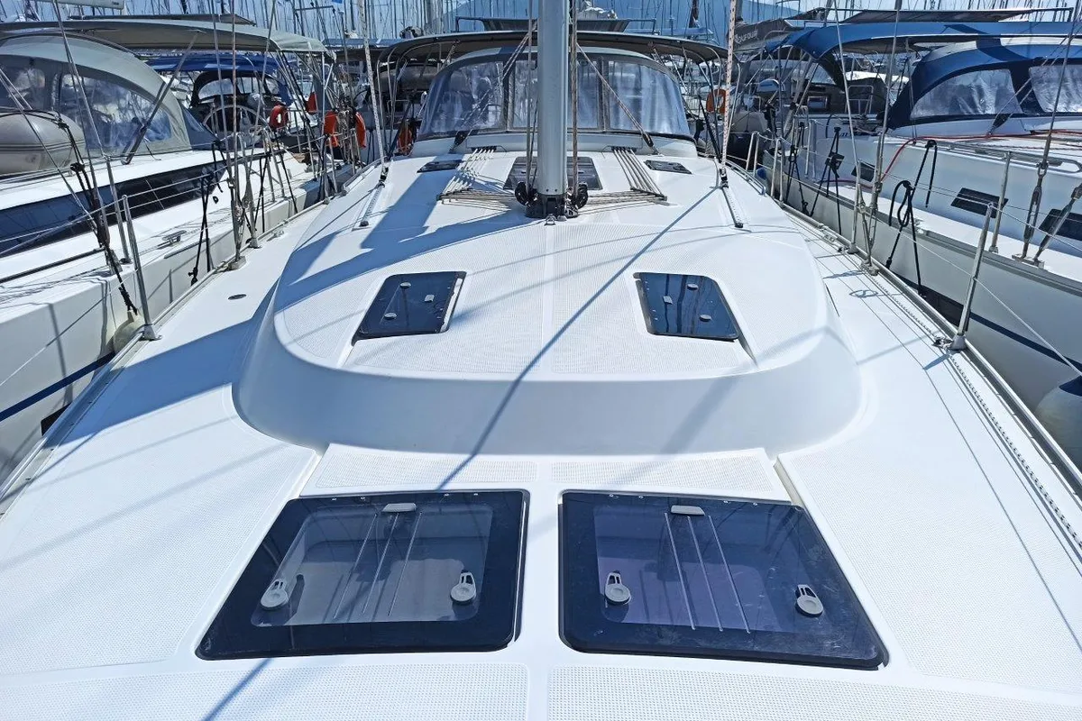 Deck of Saffron, a Bavaria 45 Cruiser sailboat at Municipal Unit of Lefkada, Greece