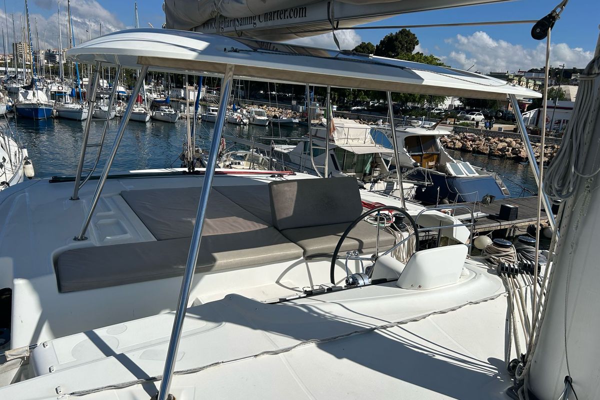 Cockpit of Terra Sarda, a Lagoon 46 catamaran at Cagliari, Italy