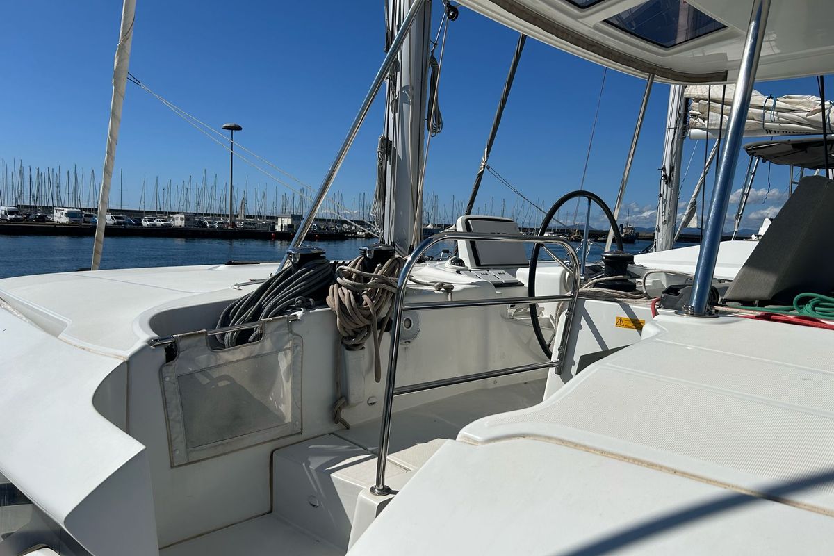 Cockpit of Terra Sarda, a Lagoon 46 catamaran at Cagliari, Italy