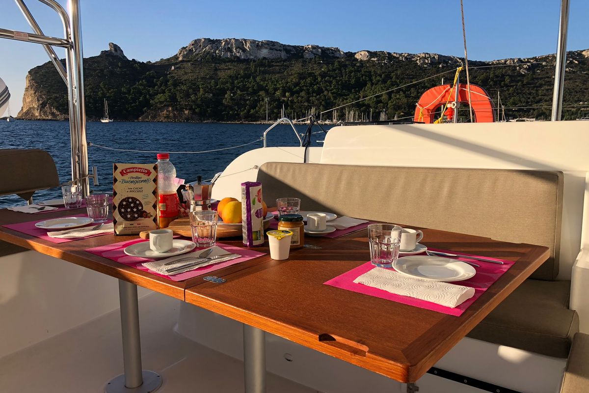 Deck of Terra Sarda, a Lagoon 46 catamaran at Cagliari, Italy
