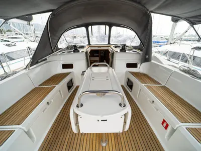 Deck of Ciao Bao, a Jeanneau Sun Odyssey 519 sailboat at Seget Donji, Croatia