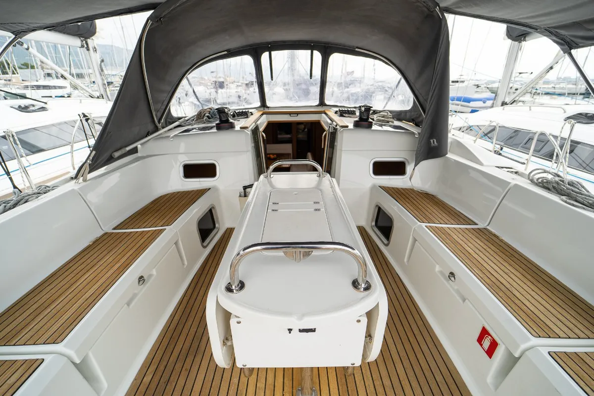 Deck of Ciao Bao, a Jeanneau Sun Odyssey 519 sailboat at Seget Donji, Croatia
