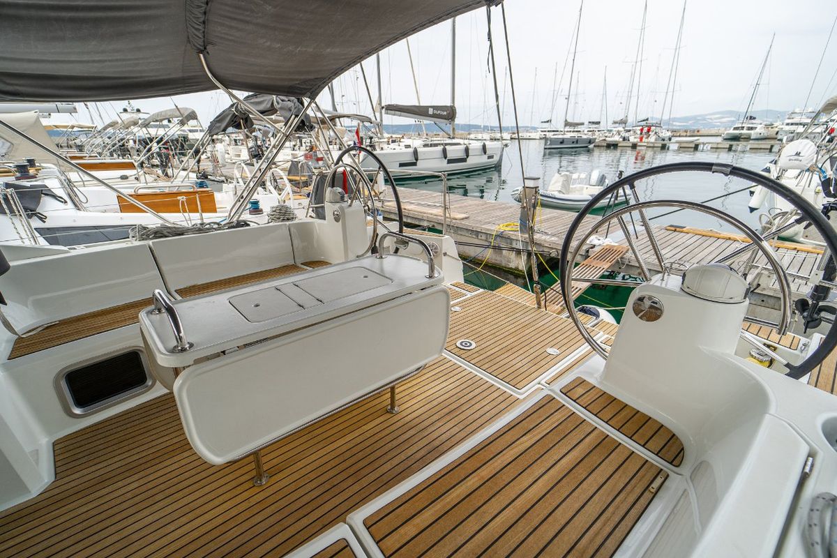 Cockpit of Ciao Bao, a Jeanneau Sun Odyssey 519 sailboat at Seget Donji, Croatia