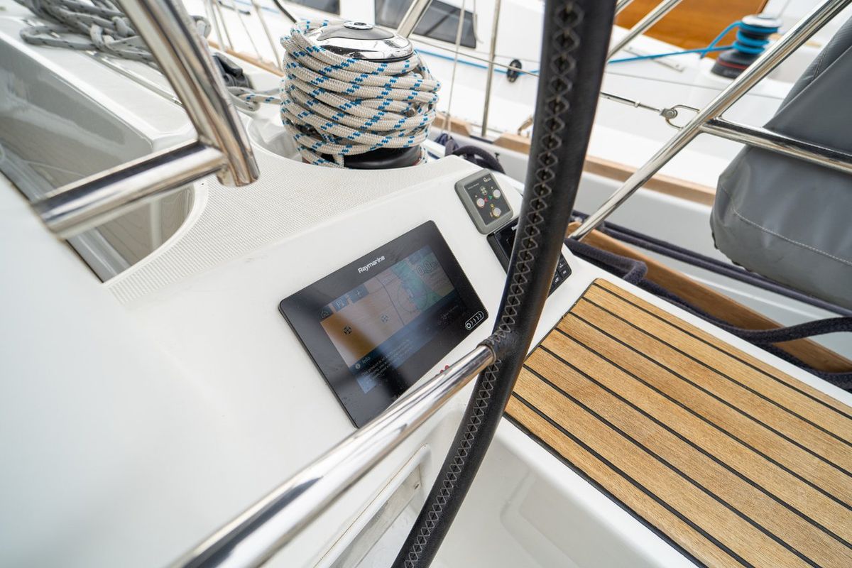 Cockpit of Ciao Bao, a Jeanneau Sun Odyssey 519 sailboat at Seget Donji, Croatia