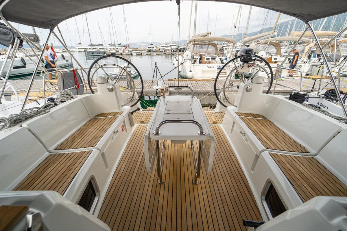 Deck of Ciao Bao, a Jeanneau Sun Odyssey 519 sailboat at Seget Donji, Croatia