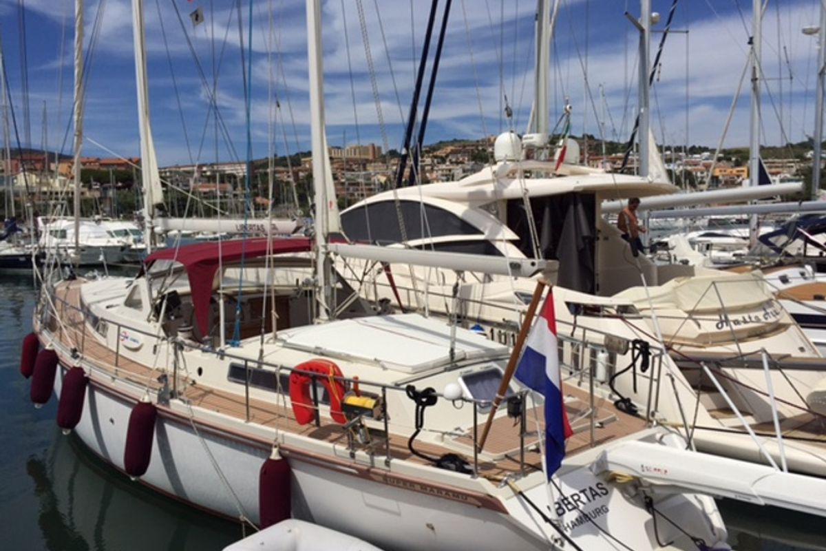 Exterior view of Libertas, a Amel Supermaramu sailboat at Piombino, Italy