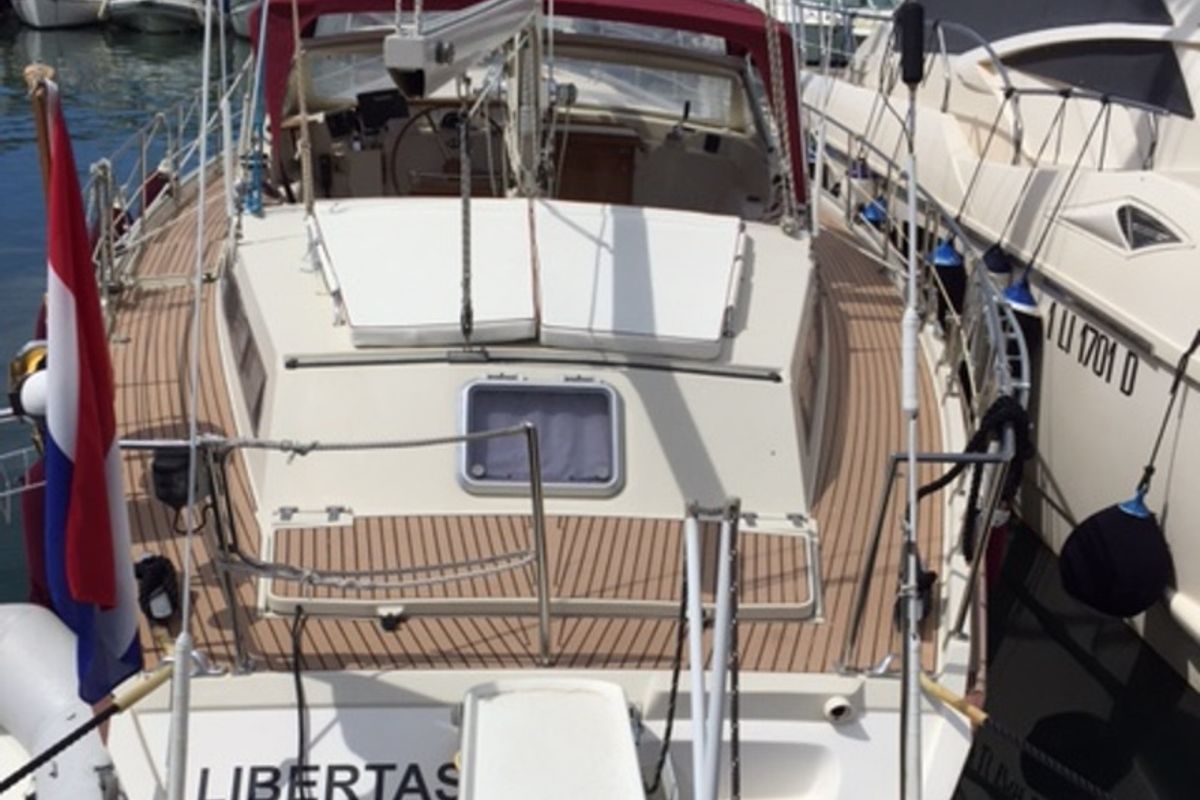 Exterior view of Libertas, a Amel Supermaramu sailboat at Piombino, Italy