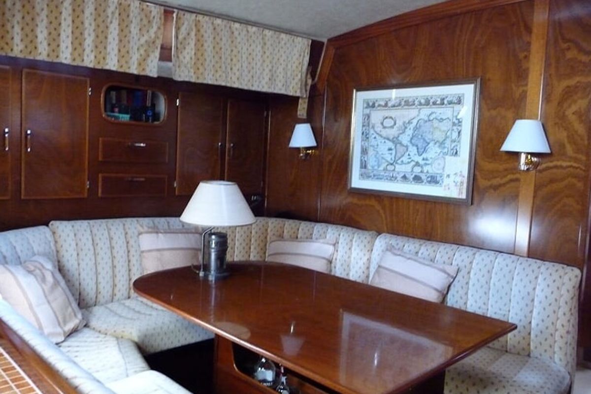 Salon of Libertas, a Amel Supermaramu sailboat at Piombino, Italy