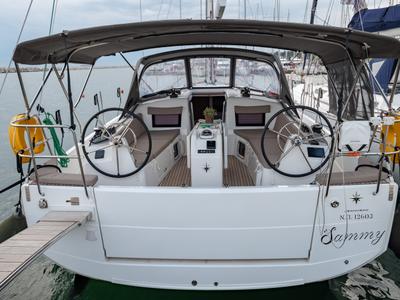 Cockpit of Sammy, a Jeanneau Sun Odyssey 410 sailboat at Municipal Unit of Lefkada, Greece