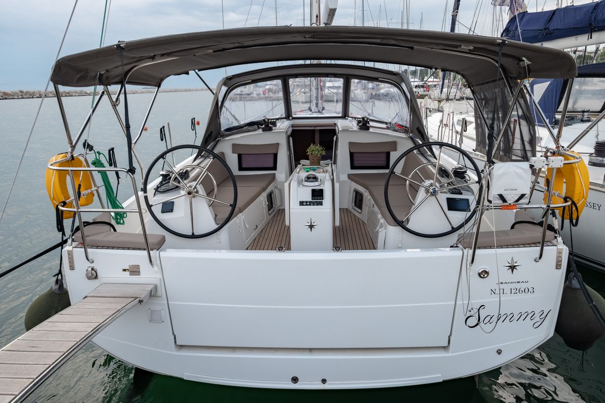 Cockpit of Sammy, a Jeanneau Sun Odyssey 410 sailboat at Municipal Unit of Lefkada, Greece
