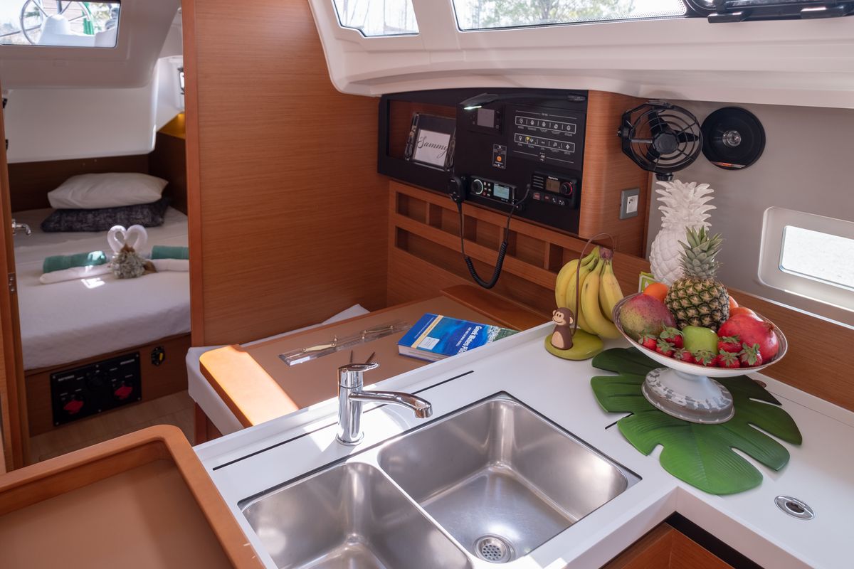 Cockpit of Sammy, a Jeanneau Sun Odyssey 410 sailboat at Municipal Unit of Lefkada, Greece