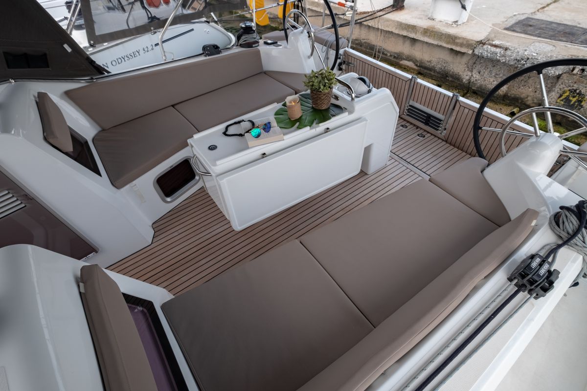 Deck of Sammy, a Jeanneau Sun Odyssey 410 sailboat at Municipal Unit of Lefkada, Greece