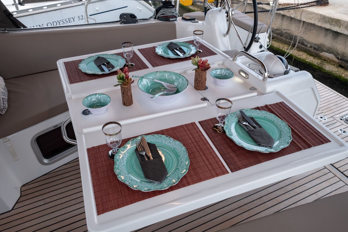 Deck of Sammy, a Jeanneau Sun Odyssey 410 sailboat at Municipal Unit of Lefkada, Greece
