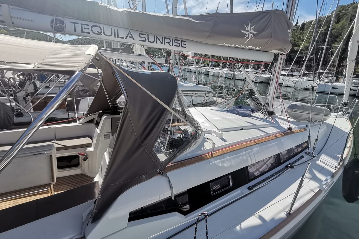 Deck of Tequila Sunrise, a Jeanneau Sun Odyssey 389 sailboat at Skradin, Croatia