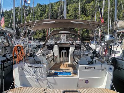 Cockpit of Tequila Sunrise, a Jeanneau Sun Odyssey 389 sailboat at Skradin, Croatia