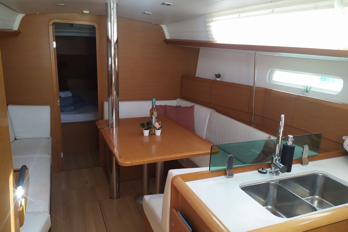 Galley of Tequila Sunrise, a Jeanneau Sun Odyssey 389 sailboat at Skradin, Croatia