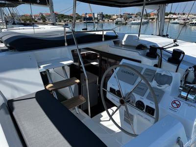 Cockpit of Elite, a Fountaine Pajot Astréa 42 catamaran at Općina Sukošan, Croatia