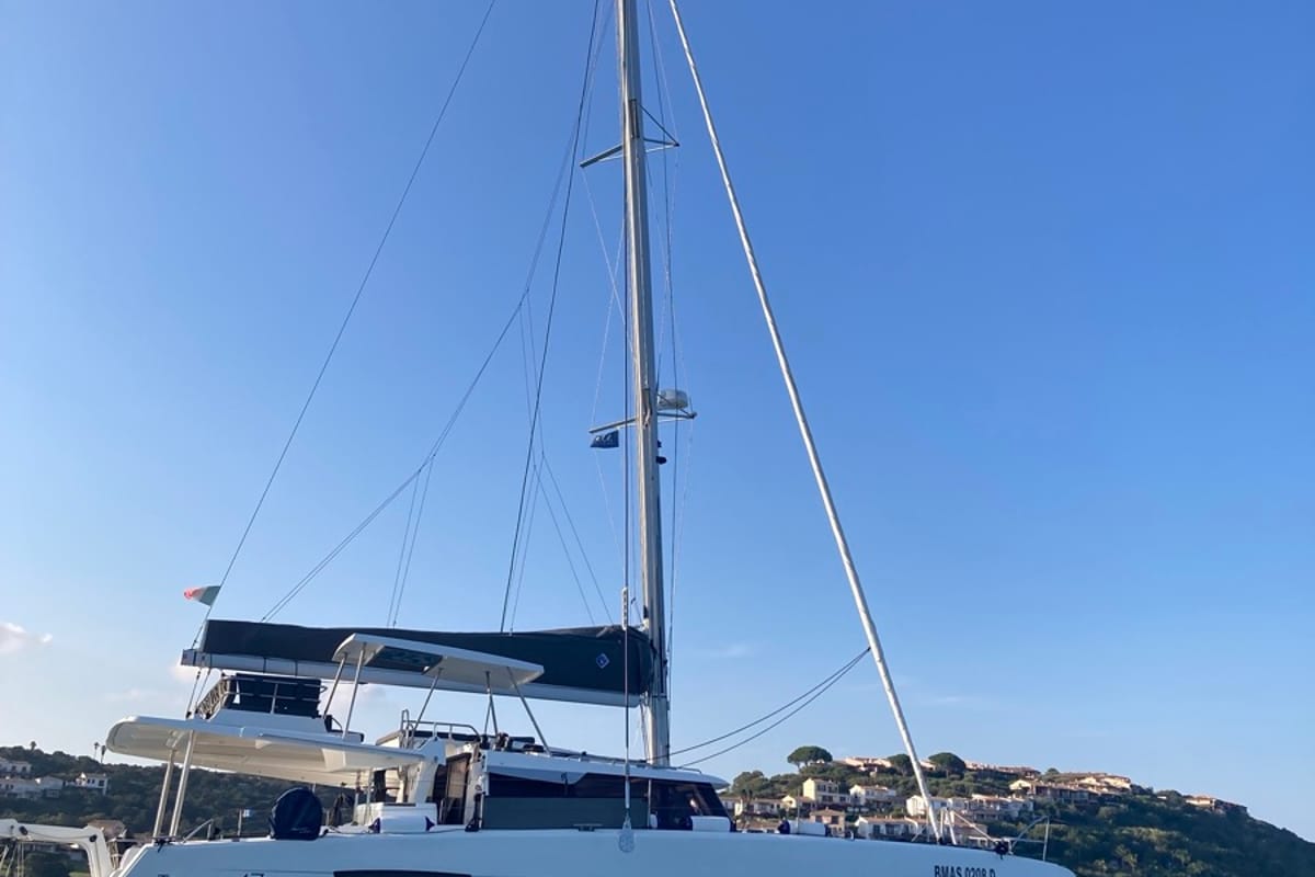 Exterior view of Blue Mandarin, a Fountaine Pajot Tanna 47 catamaran at Olbia, Italy