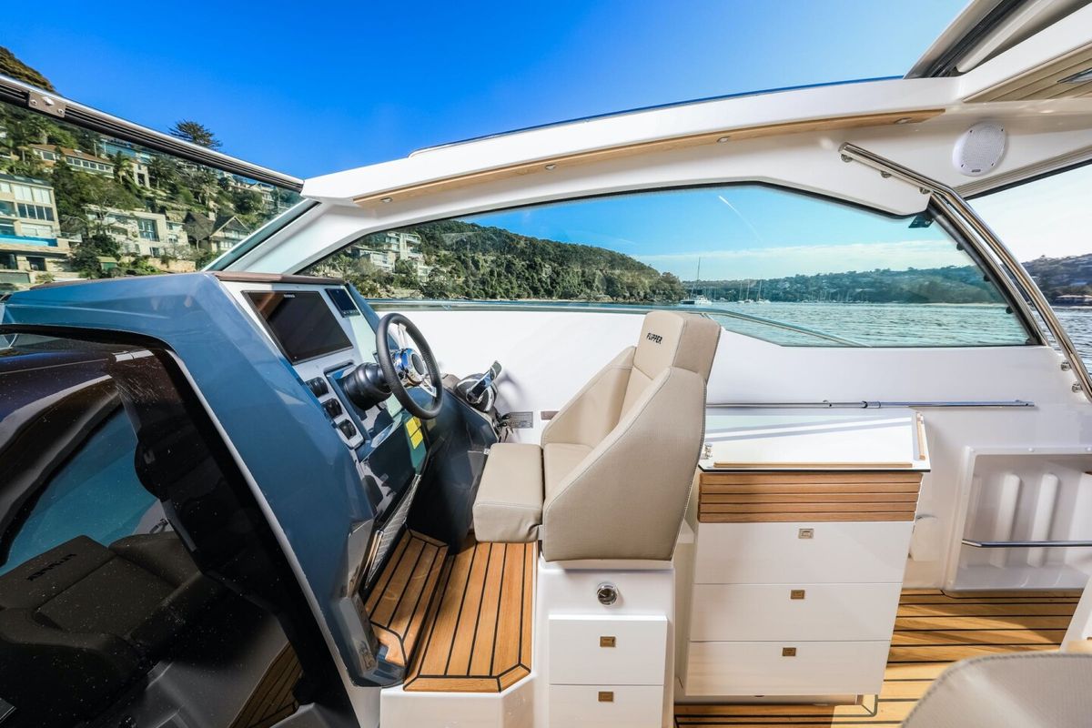Cockpit of Mačka Monika, a Flipper 900 ST motorboat at Pirovac, Croatia