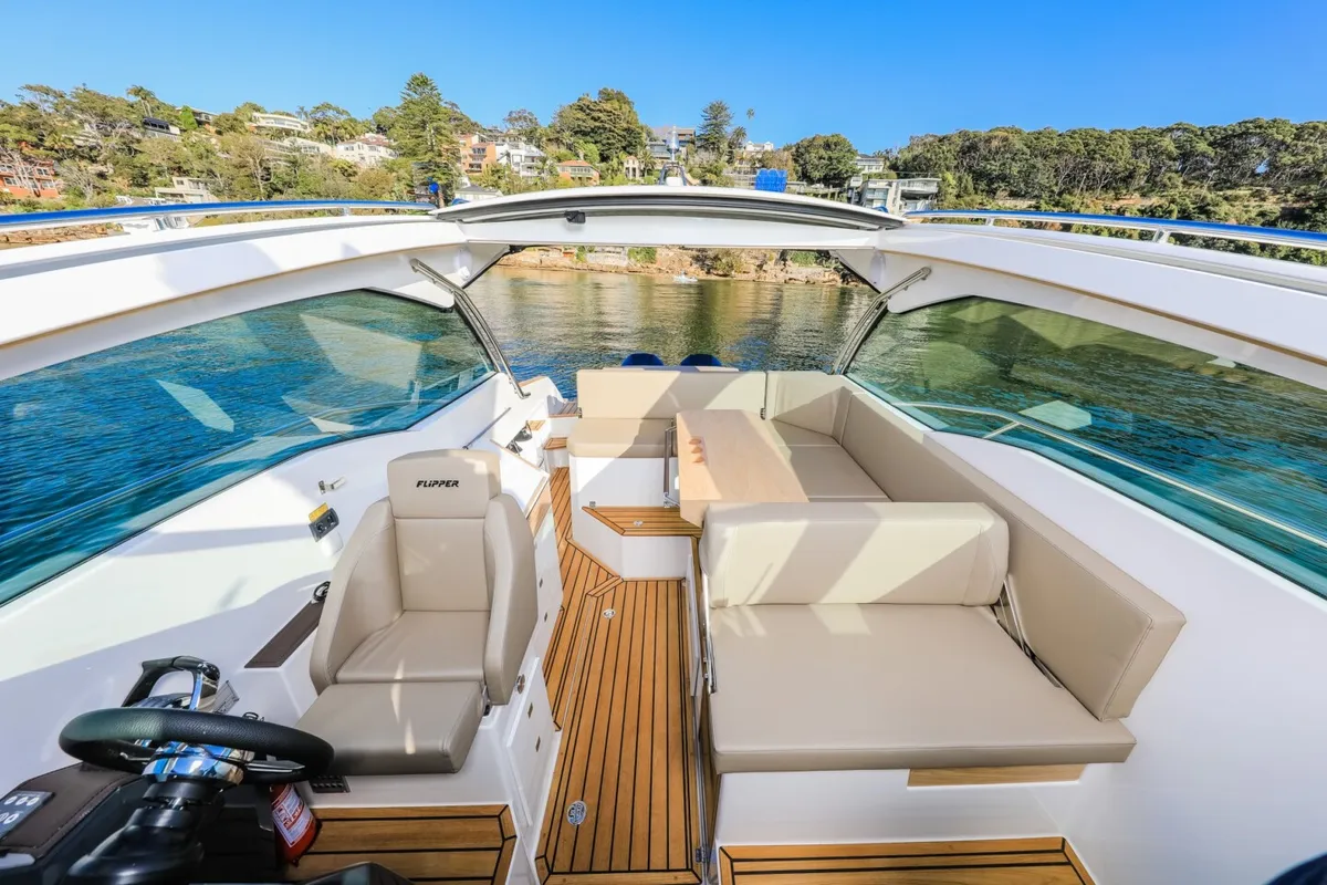 Deck of Mačka Monika, a Flipper 900 ST motorboat at Pirovac, Croatia