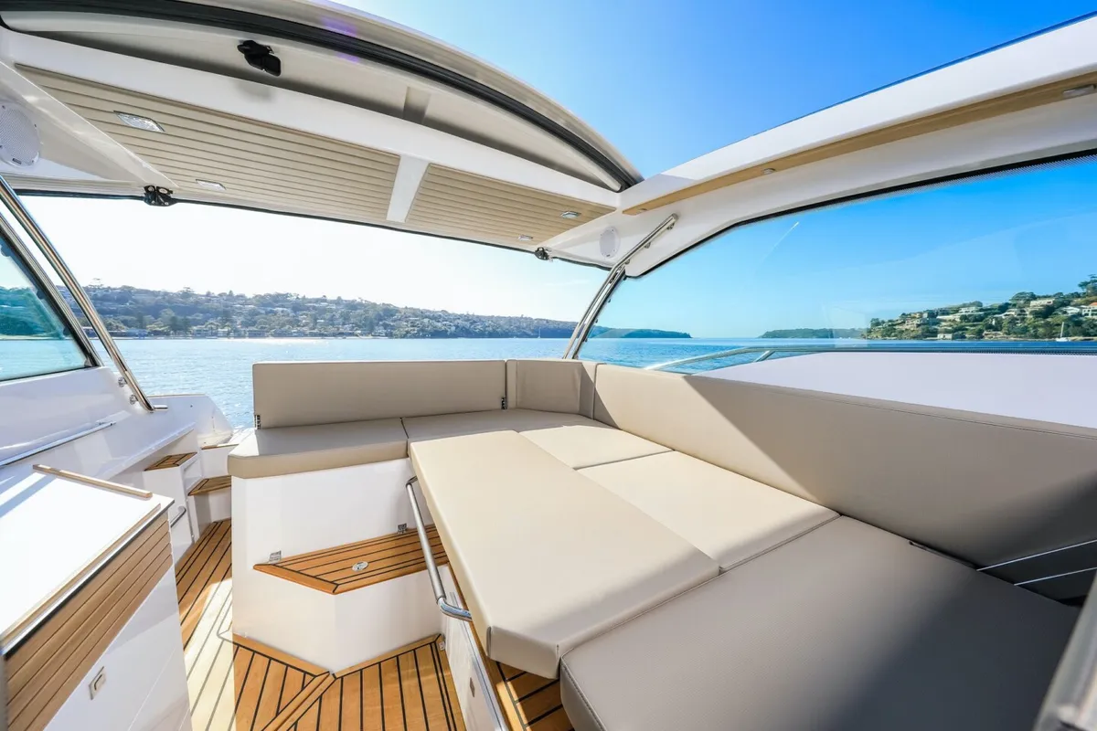 Deck of Mačka Monika, a Flipper 900 ST motorboat at Pirovac, Croatia