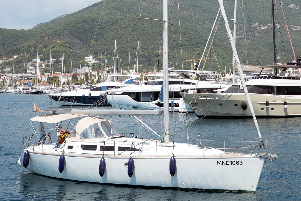 Exterior view of Azure, a Jeanneau Sun Odyssey 40.3 sailboat at Tivat, Montenegro