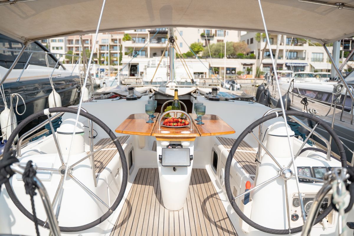 Cockpit of Azure, a Jeanneau Sun Odyssey 40.3 sailboat at Tivat, Montenegro