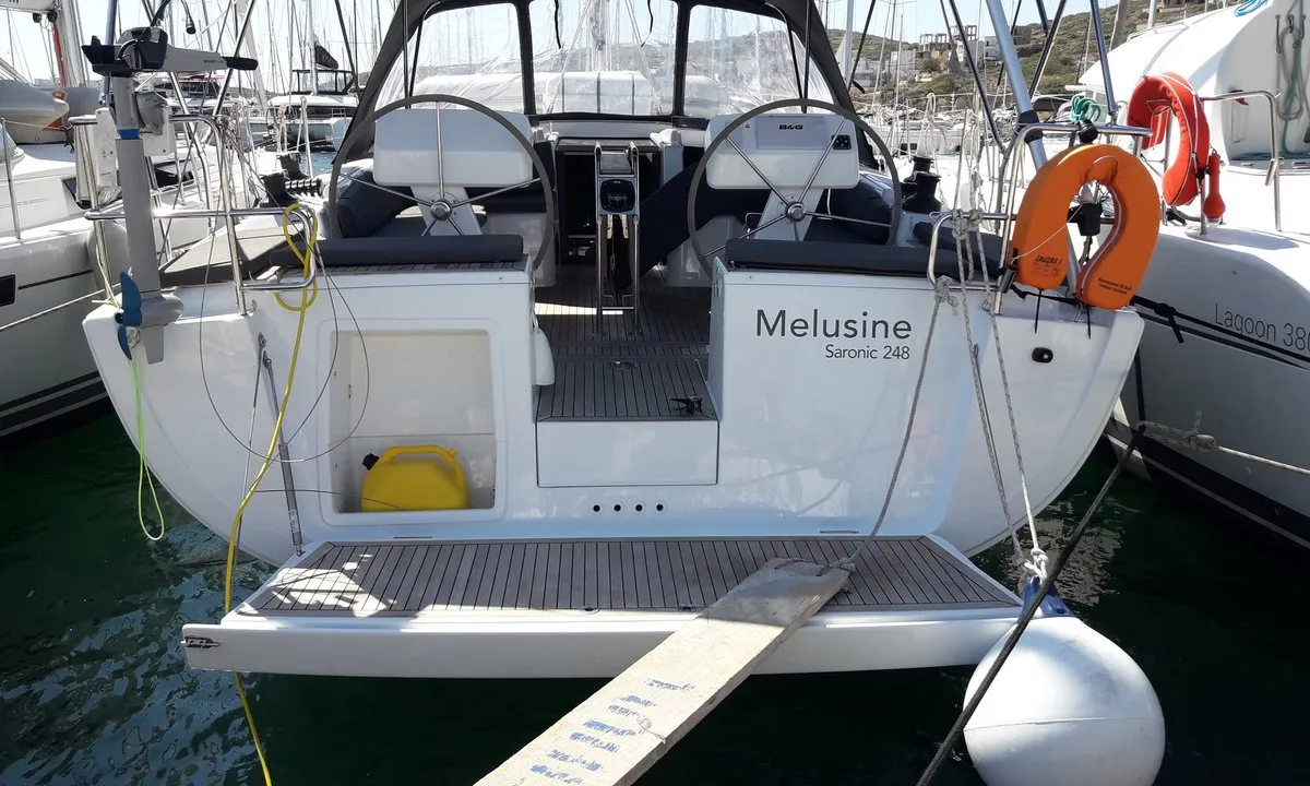 Cockpit of Melusine, a Hanse Yachts Hanse 458 sailboat at Lavreotiki Municipal Unit, Greece