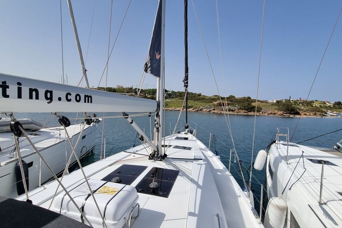 Deck of Melusine, a Hanse Yachts Hanse 458 sailboat at Lavreotiki Municipal Unit, Greece