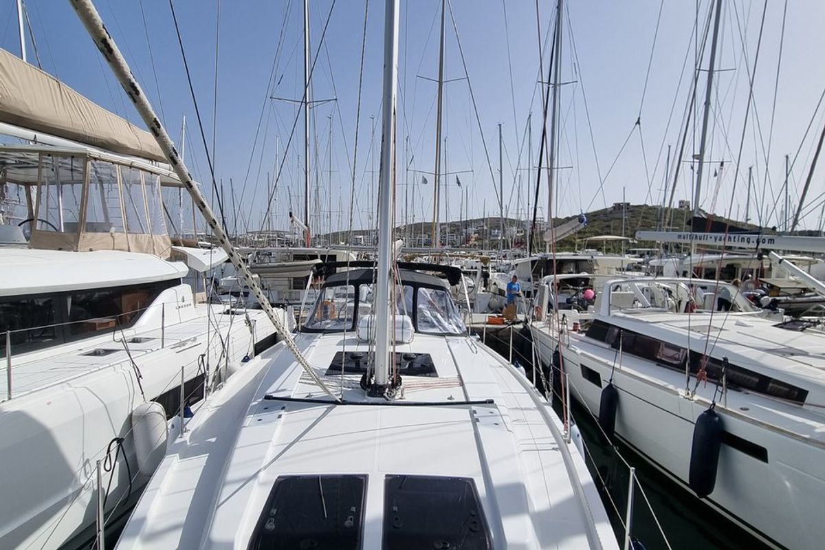 Deck of Melusine, a Hanse Yachts Hanse 458 sailboat at Lavreotiki Municipal Unit, Greece