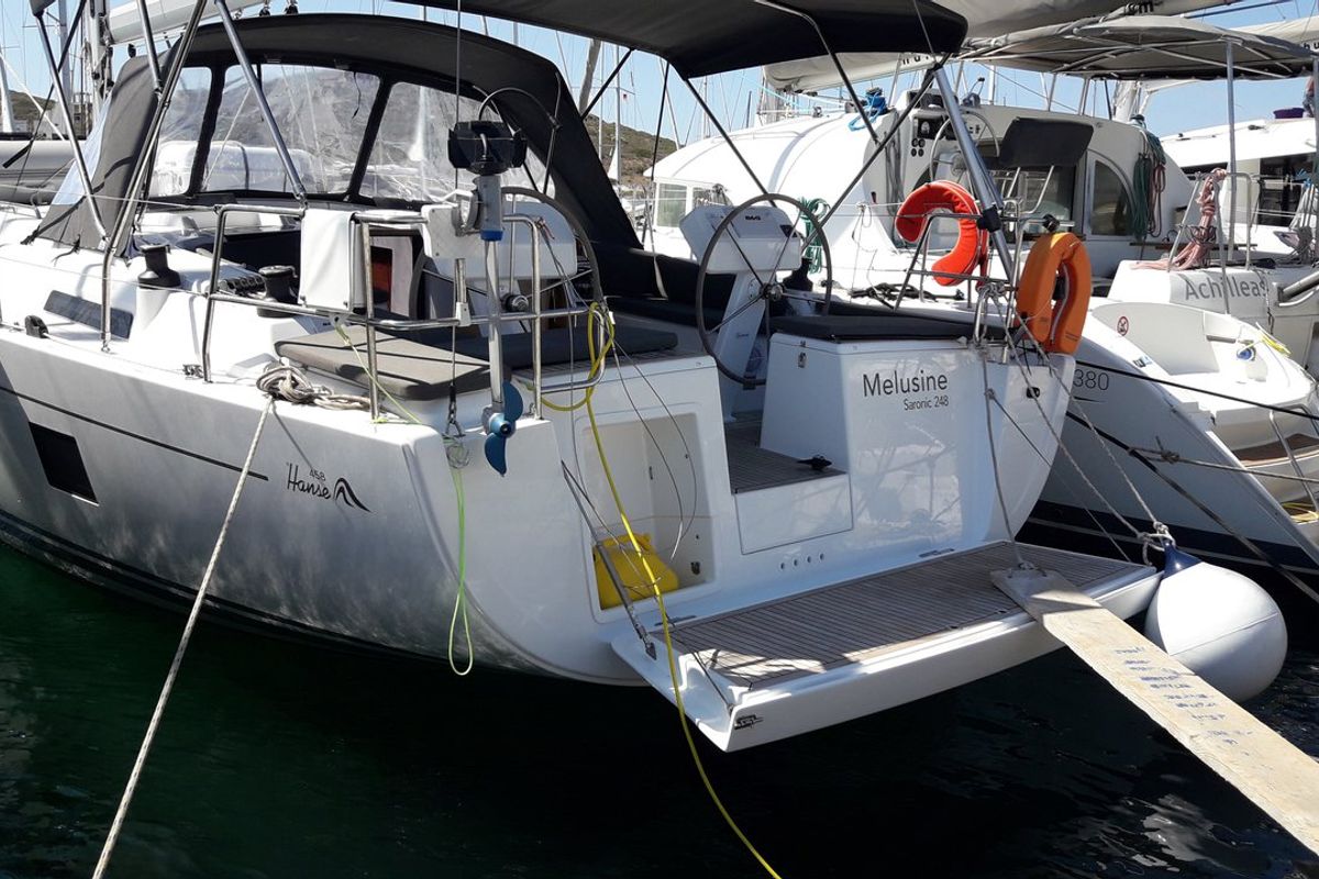 Exterior view of Melusine, a Hanse Yachts Hanse 458 sailboat at Lavreotiki Municipal Unit, Greece