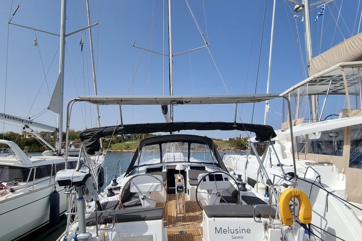 Cockpit of Melusine, a Hanse Yachts Hanse 458 sailboat at Lavreotiki Municipal Unit, Greece