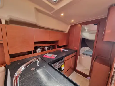 Galley of Melusine, a Hanse Yachts Hanse 458 sailboat at Lavreotiki Municipal Unit, Greece