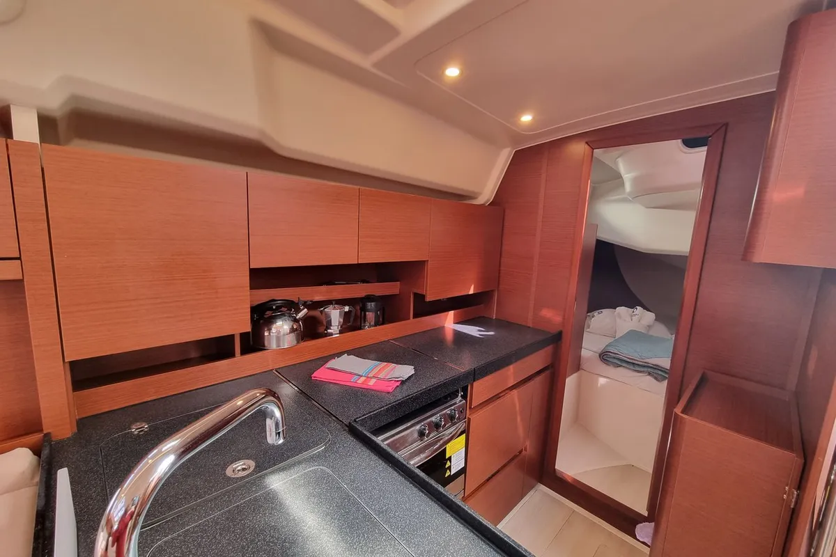 Galley of Melusine, a Hanse Yachts Hanse 458 sailboat at Lavreotiki Municipal Unit, Greece