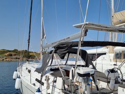 Deck of Melusine, a Hanse Yachts Hanse 458 sailboat at Lavreotiki Municipal Unit, Greece