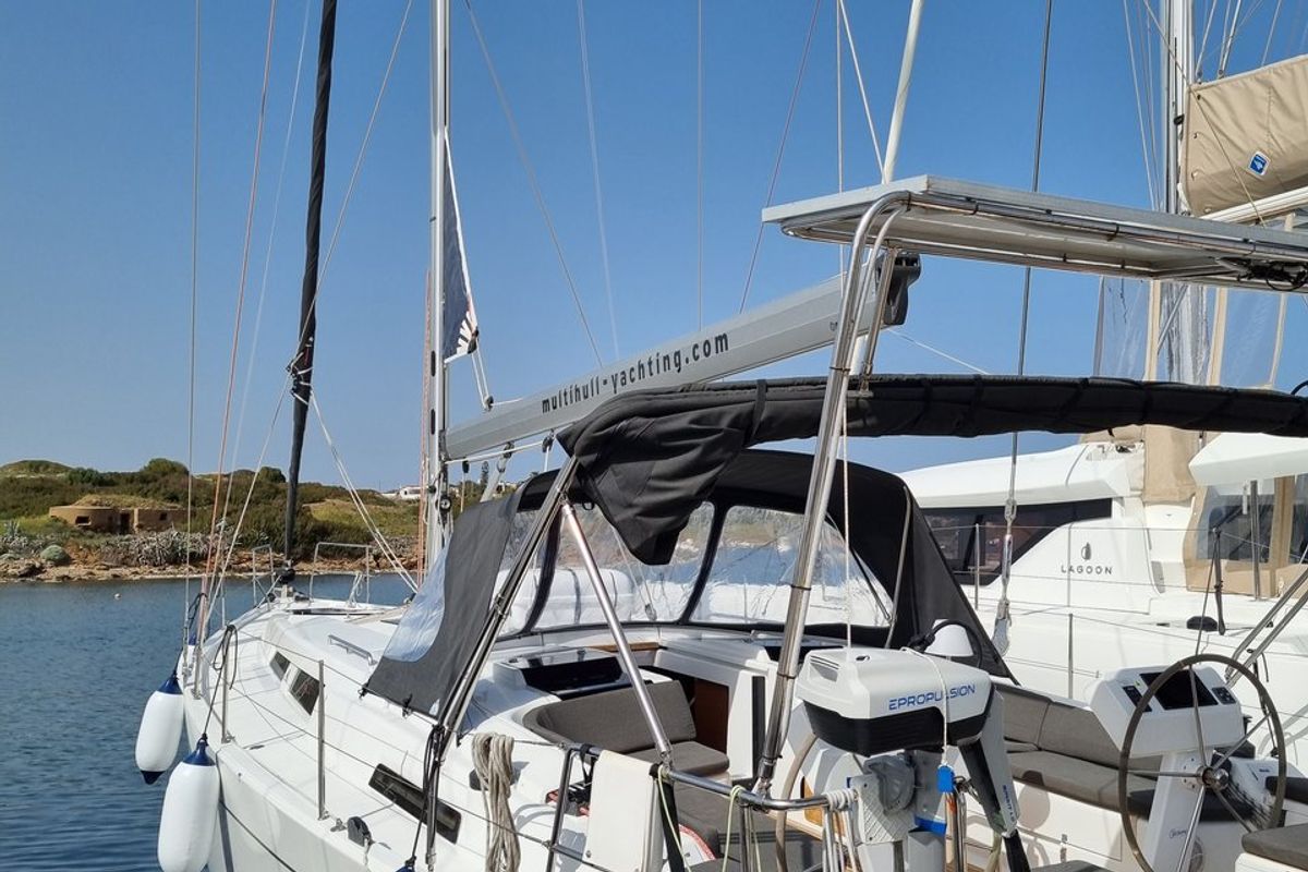Deck of Melusine, a Hanse Yachts Hanse 458 sailboat at Lavreotiki Municipal Unit, Greece